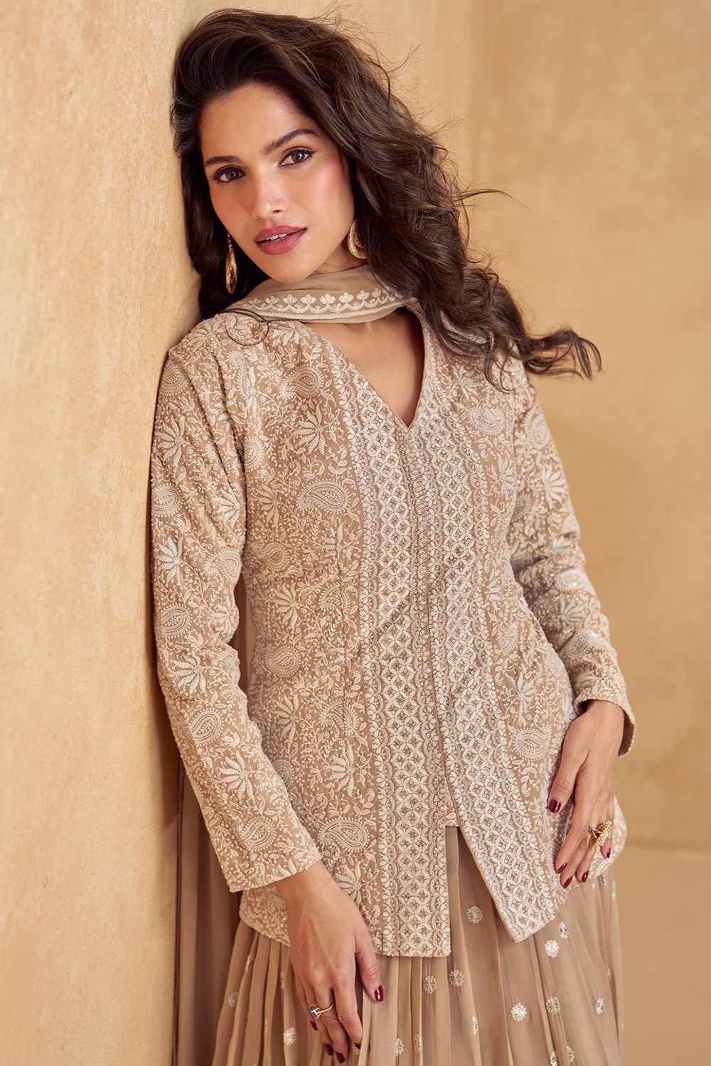 Beige Georgette Palazzo Suit With  Sequins Embroidery SFYS152603R