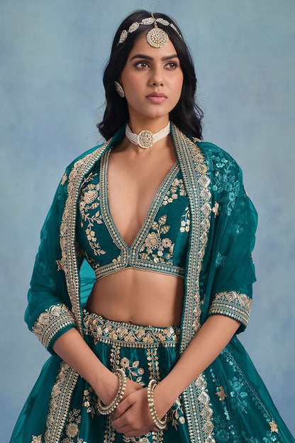 Teal Bridal Wedding Silk Lehenga Choli SFDFS34801