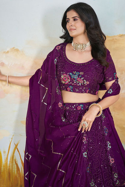 Burgundy Chinnon Wedding Party Lehenga In Flower Pattern SFANJ2945