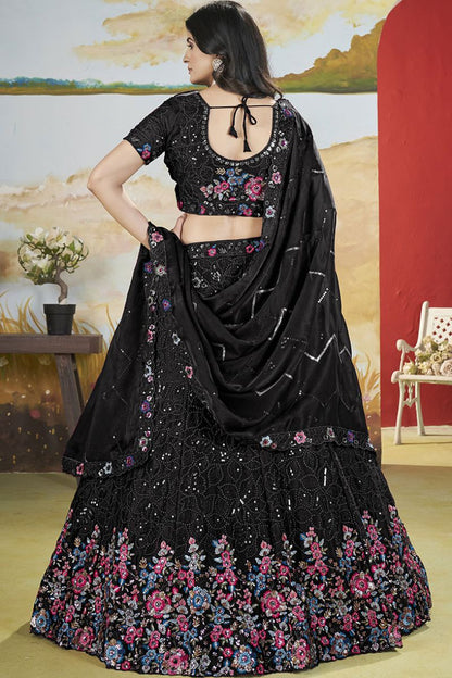 Black Chinnon Wedding Party Lehenga In Flower Pattern SFANJ2946