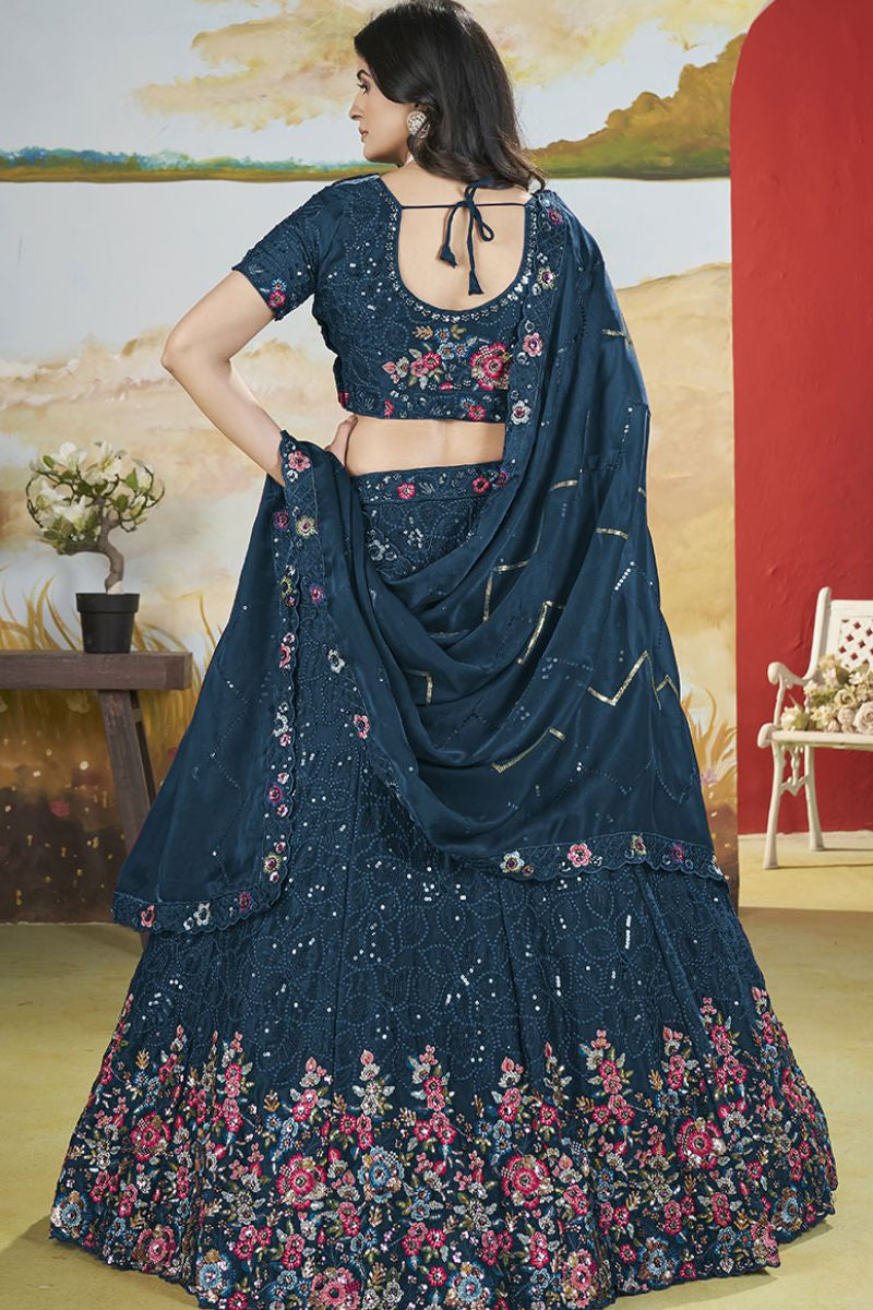 Blue Chinnon Wedding Party Lehenga In Flower Pattern SFANJ2947
