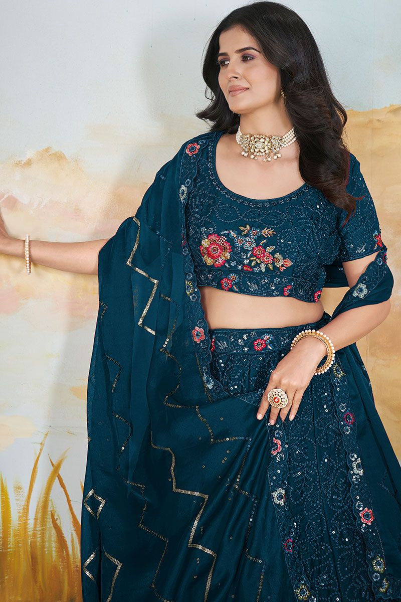 Blue Chinnon Wedding Party Lehenga In Flower Pattern SFANJ2947