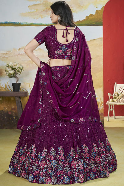 Magenta Chinnon Wedding Party Lehenga In Flower Pattern SFANJ2949