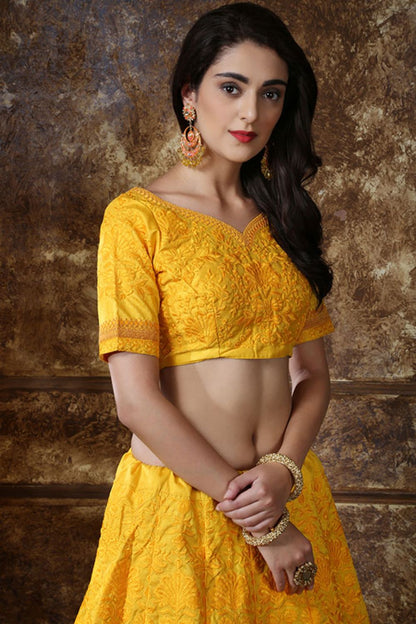 Yellow Haldi Sangeet Wedding Silk Designer Lehenga SFKHU6105
