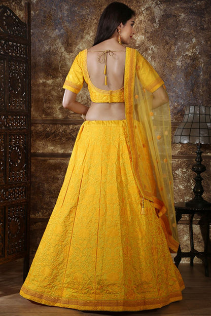 Yellow Haldi Sangeet Wedding Silk Designer Lehenga SFKHU6105