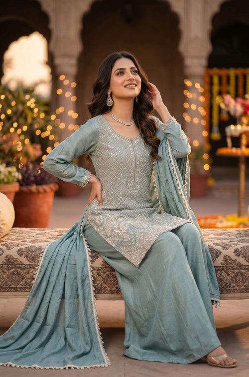 Blue Silk Salwar Kameez - SFEDC29902R