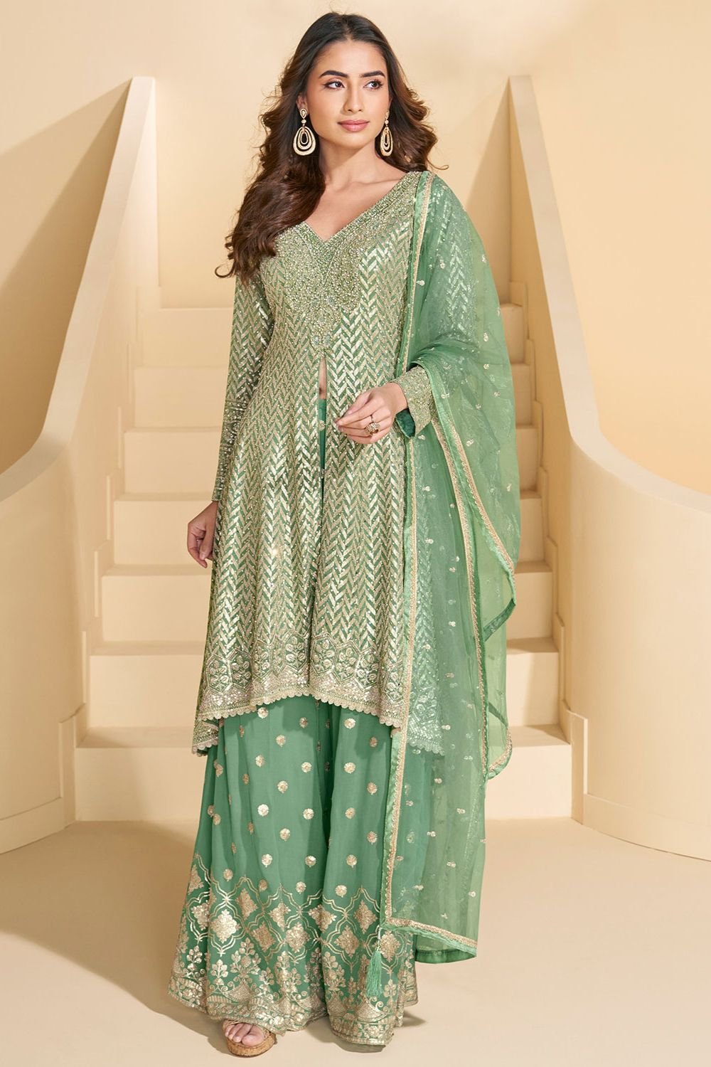 Green Sangeet Partywear Georgette Palazzo Suit SFEDC18201R