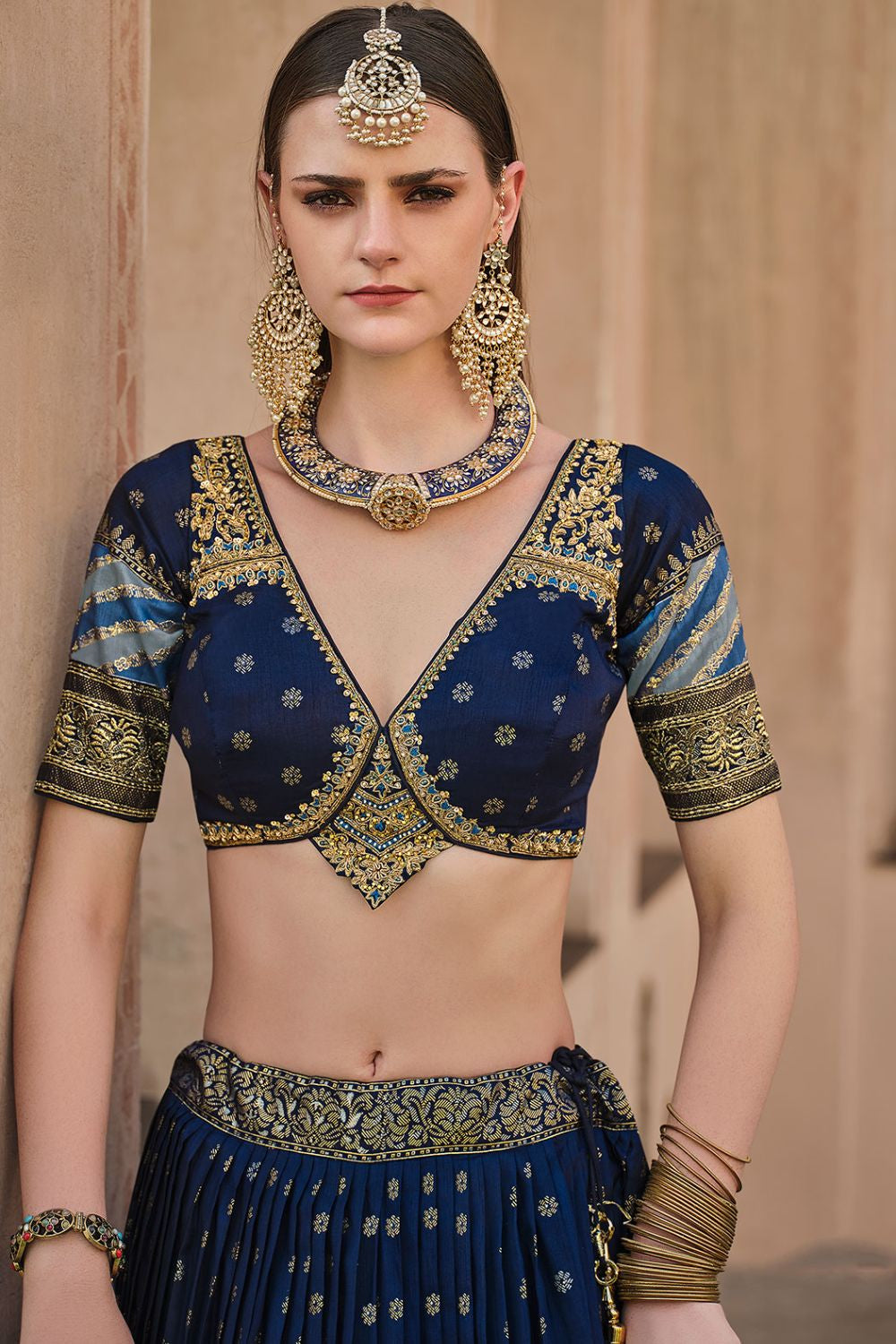 Nautical Blue Silk  Sangeet Designer Engagement Lehenga Set SFSA481001R