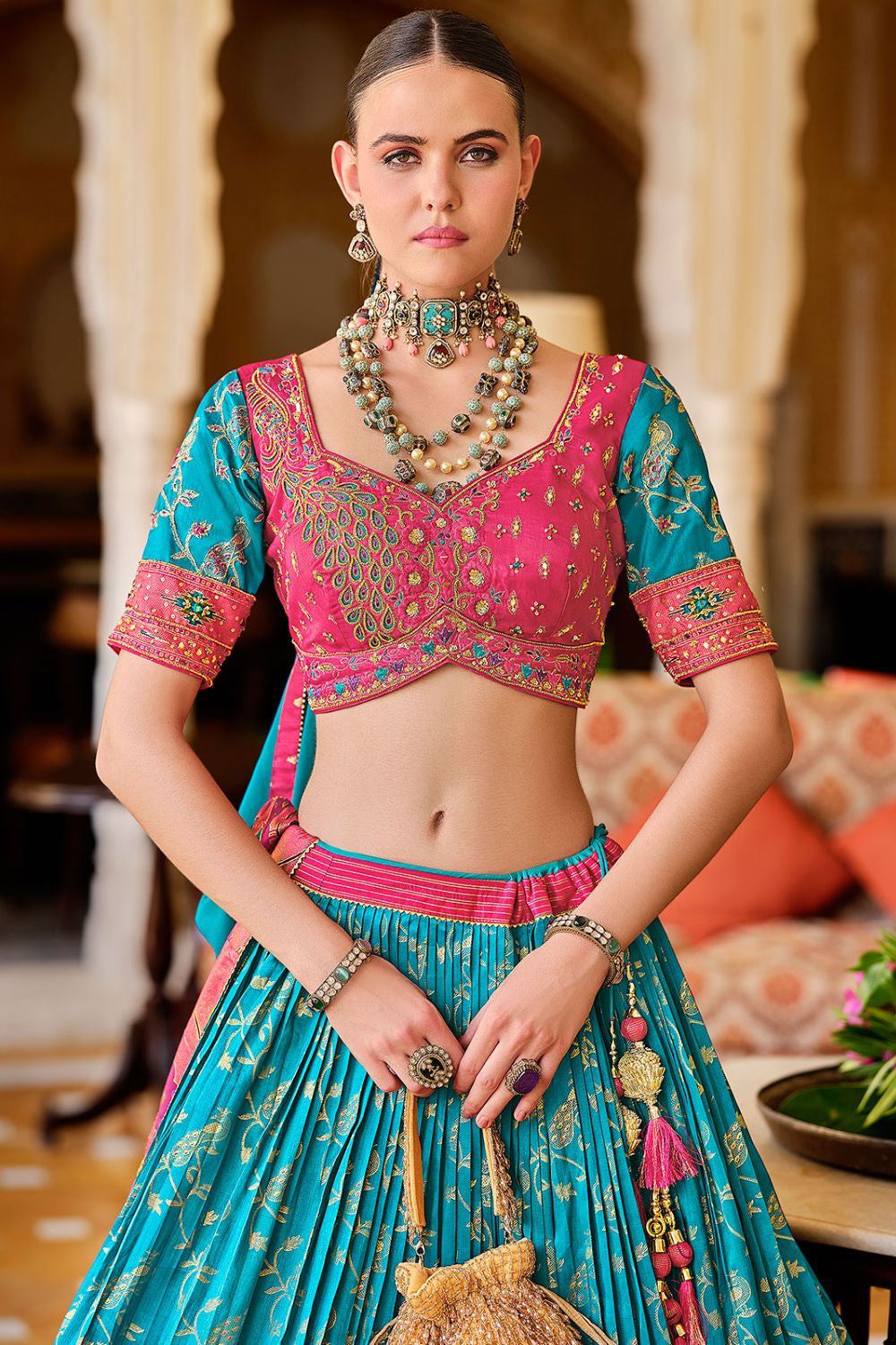 Malibu Blue Silk Designer Engagement Lehenga Set SFSA481005R