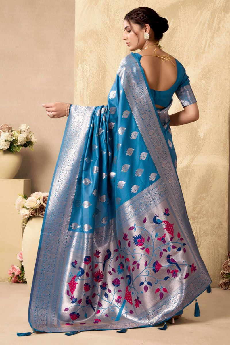 Blue Silk Peacock Print Pallu Saree With Blouse  SFSA501902