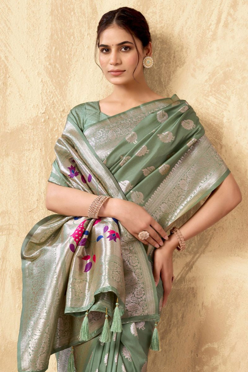 Green Silk Peacock Print Pallu Saree With Blouse SFSA501903