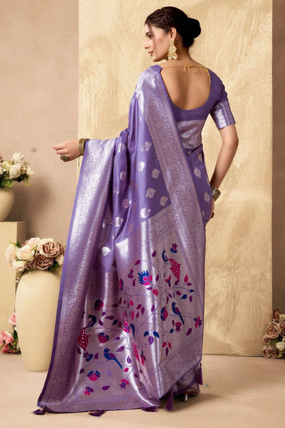 Purple Silk Peacock Print Pallu Saree With Blouse  SFSA501904