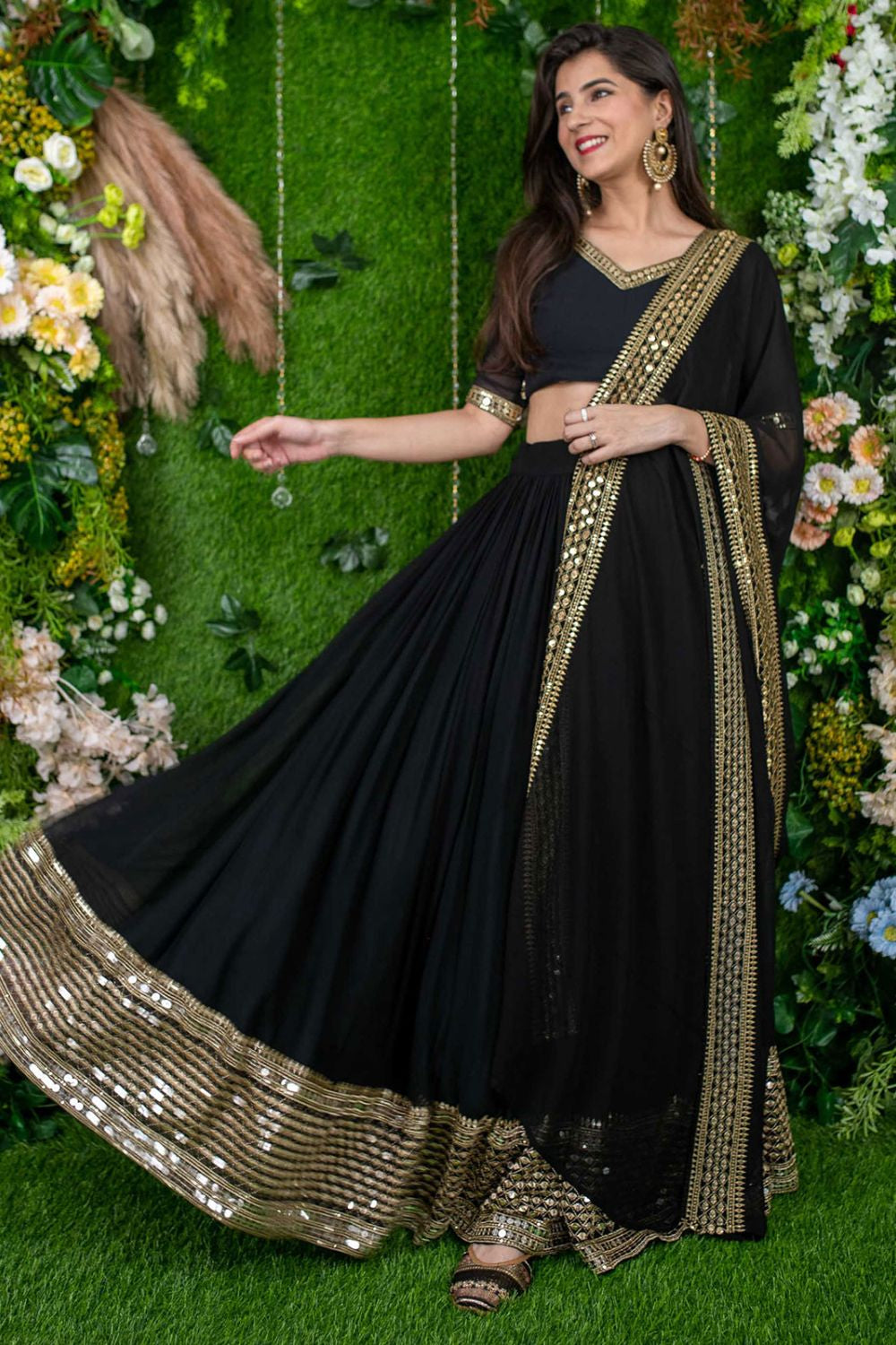 Black Georgette Lehenga Choli In Zari Work SFRELS3903