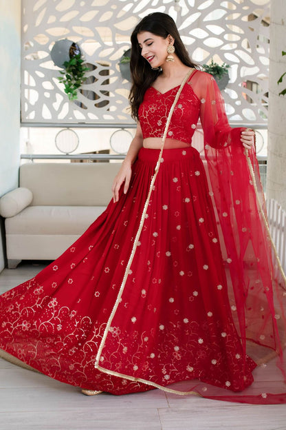 Red Wedding Party Georgette Lehenga Choli SFRELS3905