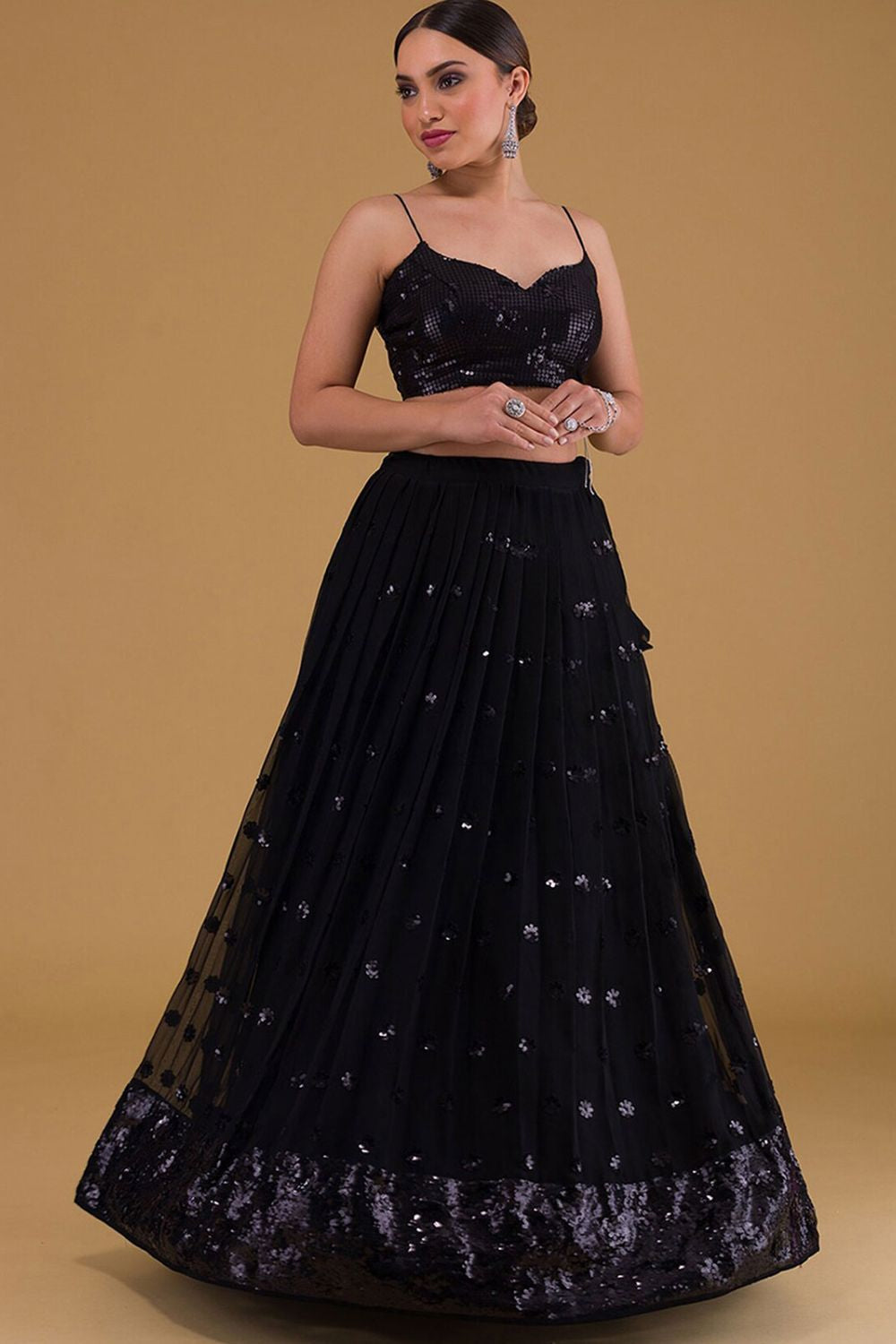 Black Evening Party Georgette Lehenga Choli With Sequins Zari Work SFZC1902