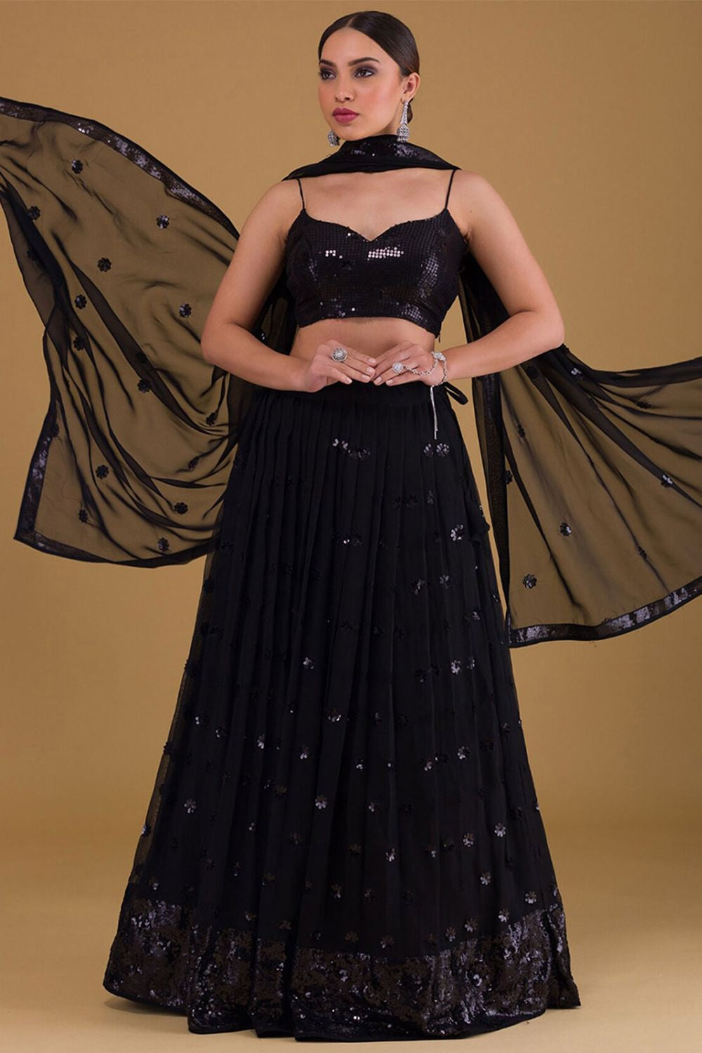 Black Evening Party Georgette Lehenga Choli With Sequins Zari Work SFZC1902