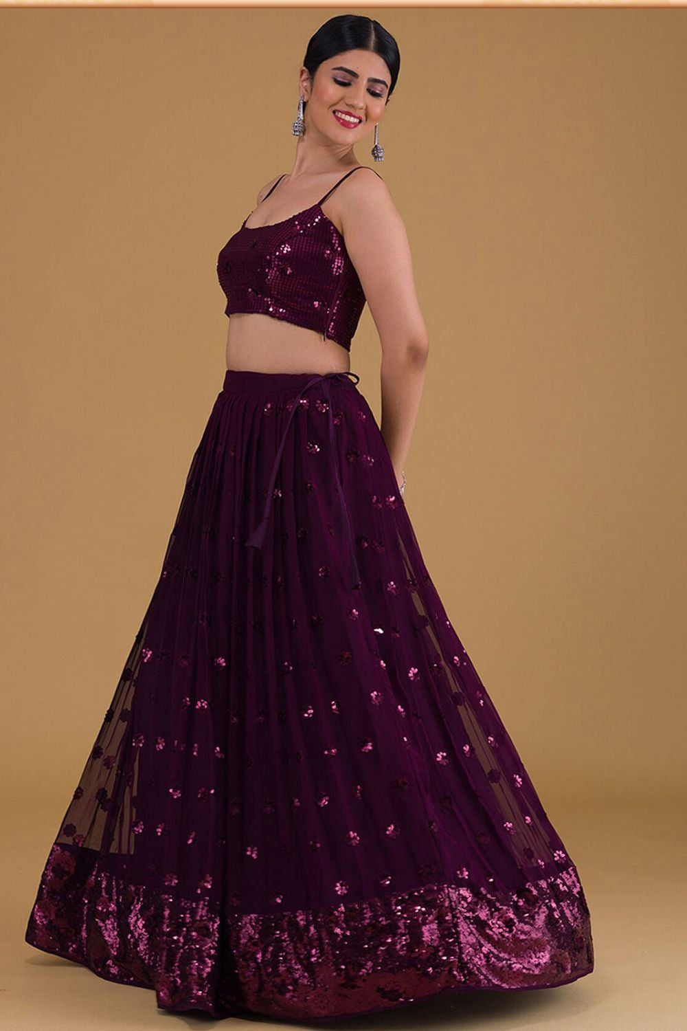 Purple Evening Party Georgette Lehenga Choli With Sequins Zari Work SFZC1903