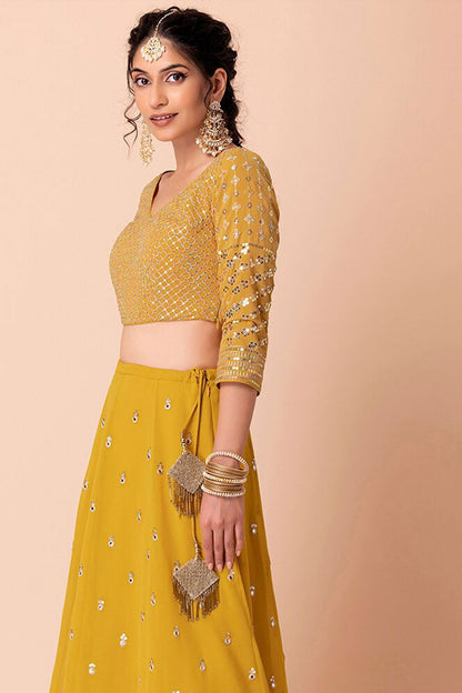 Yellow Evening Party Georgette Lehenga Choli With Sequins Zari Work  SFZC1904