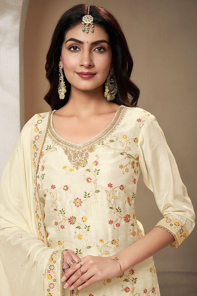 Cream Sharara Kameez Palazzo Suit Readymade In Silk SFVNF1704R