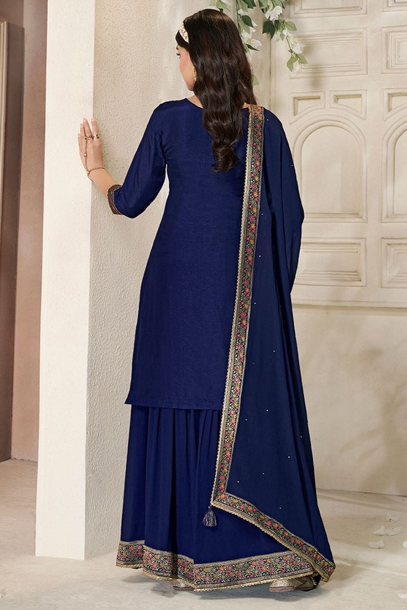 Blue Sharara Kameez Palazzo Suit Readymade In Silk SFVNF1707R