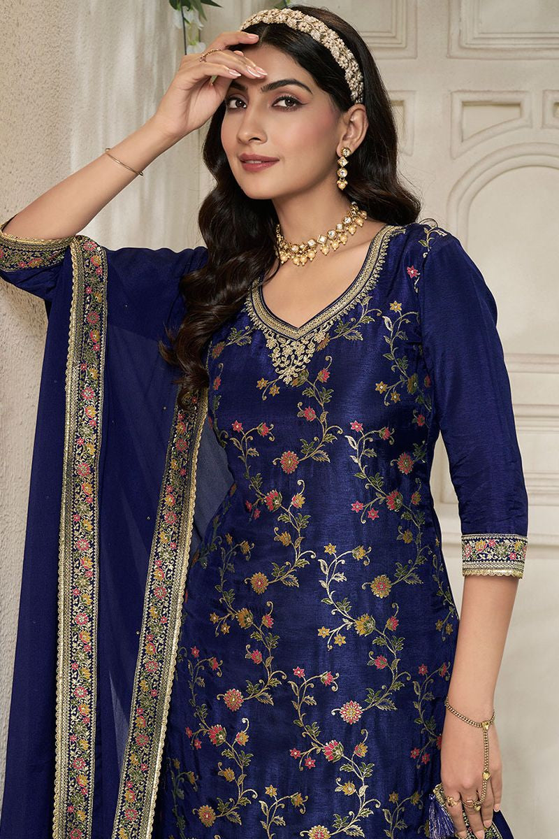 Blue Sharara Kameez Palazzo Suit Readymade In Silk SFVNF1707R