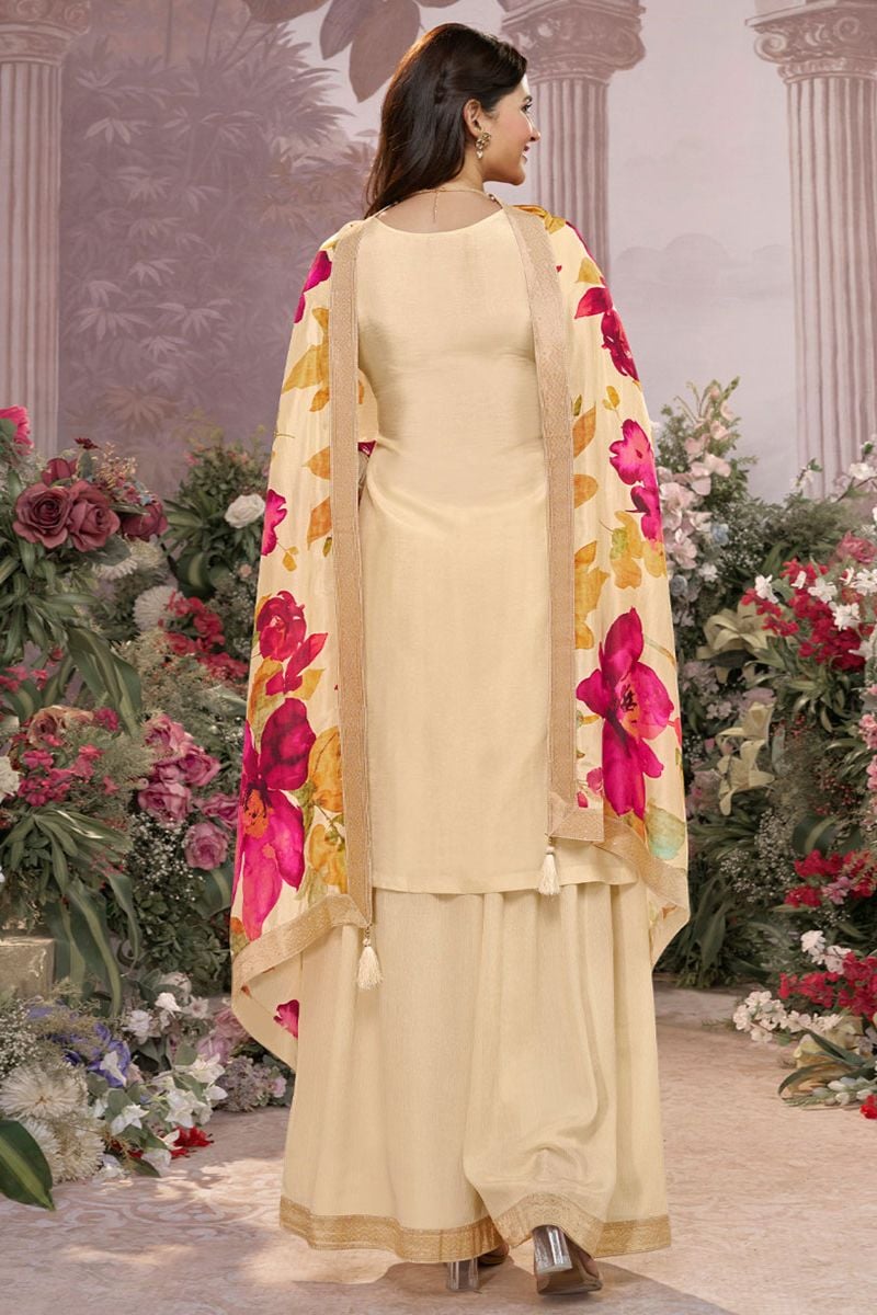 Off White Dola Silk Salwar Kameez - SFVNF2110R