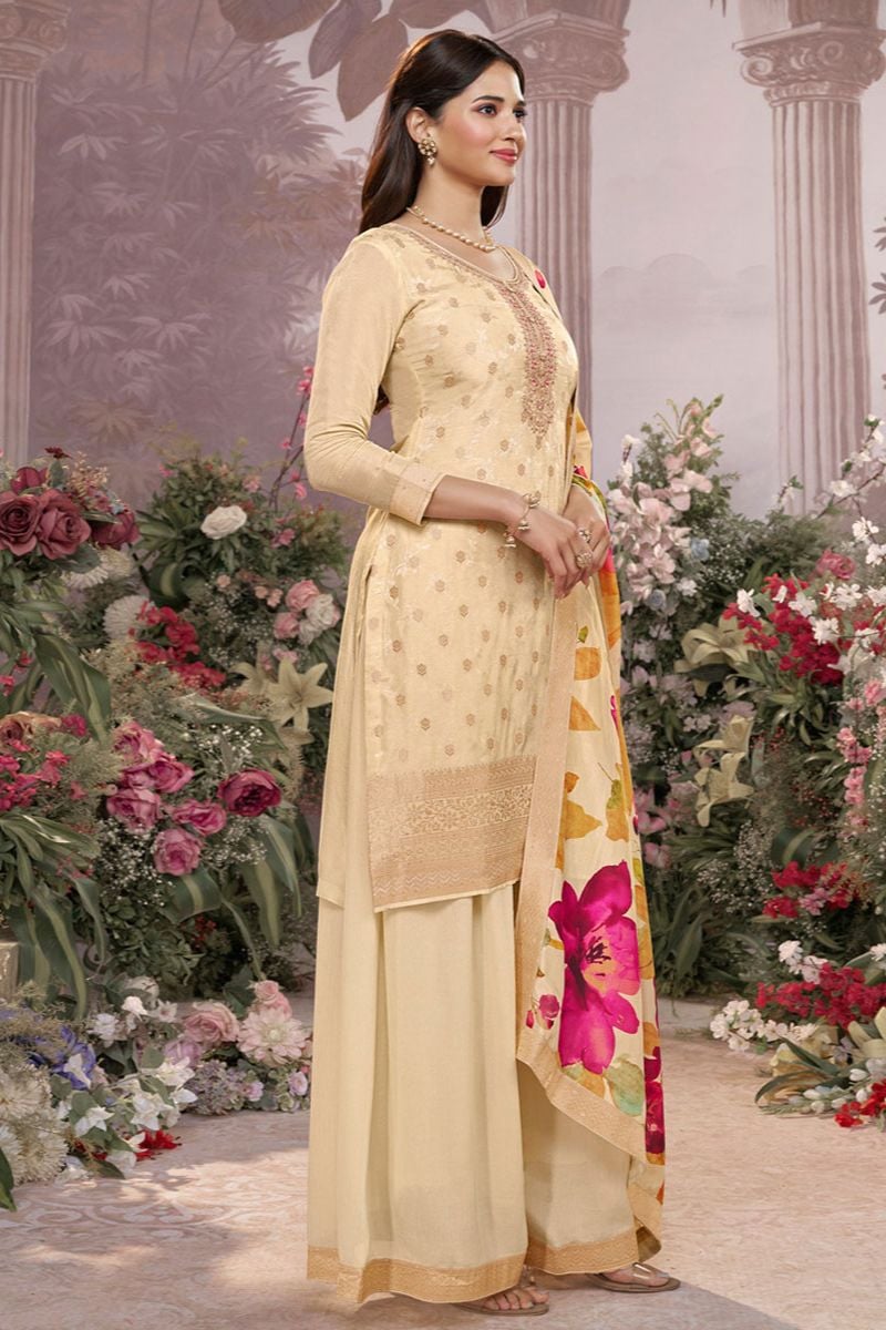 Off White Dola Silk Salwar Kameez - SFVNF2110R