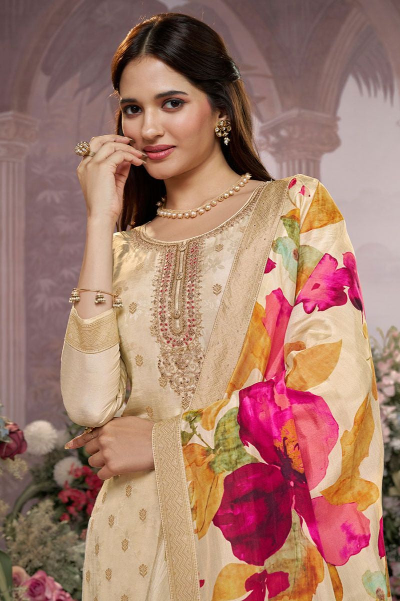 Off White Dola Silk Salwar Kameez - SFVNF2110R