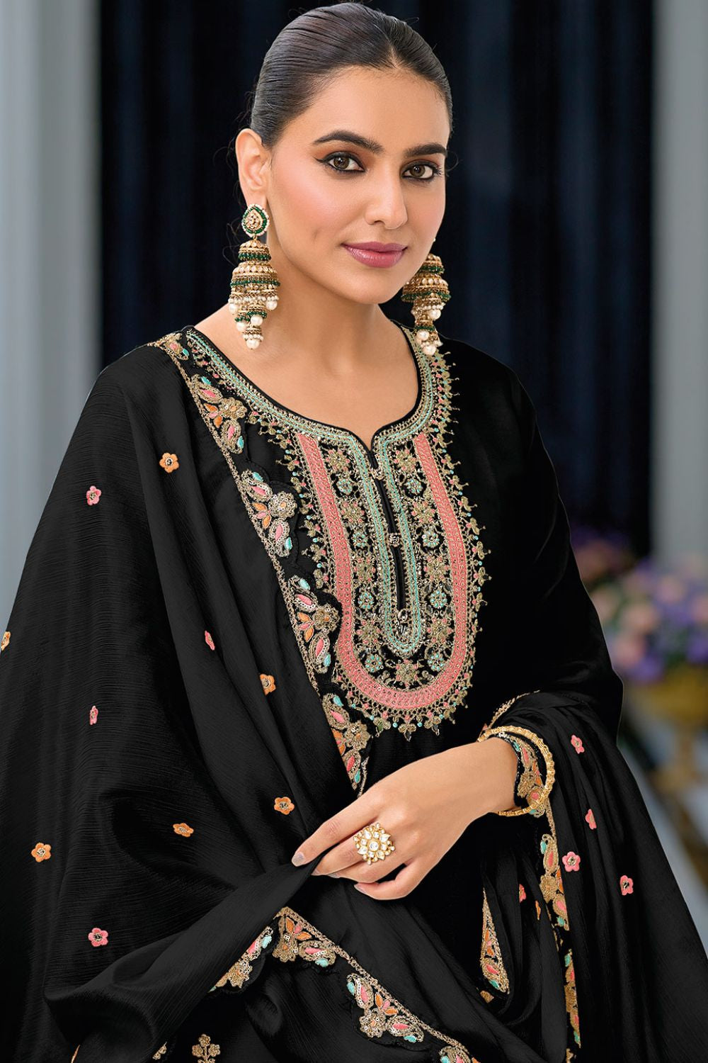 Black Chic Palazzo Kameez In Chinnon SFFK22901R