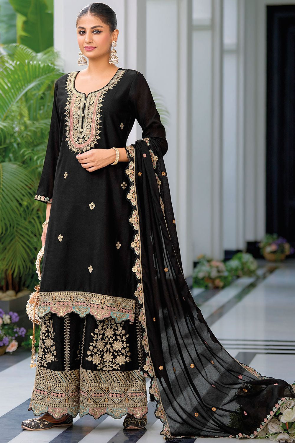 Black Chic Palazzo Kameez In Chinnon SFFK22901R