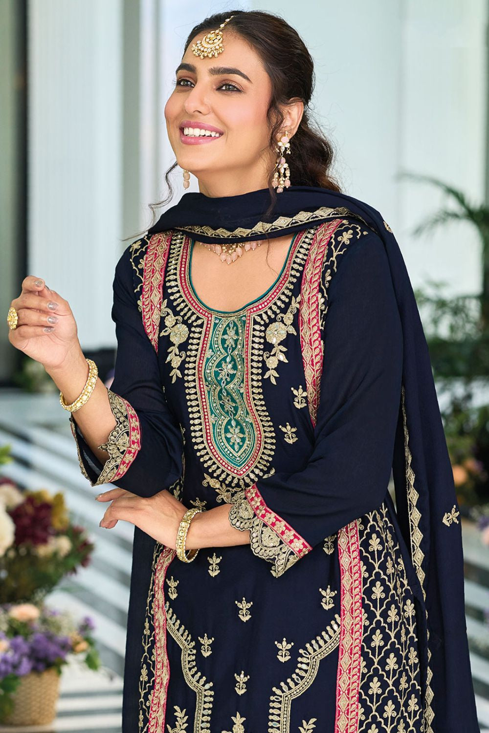 Blue Sassy Evening Sangeet Palazzo Kameez In Chinnon SFFK24001R