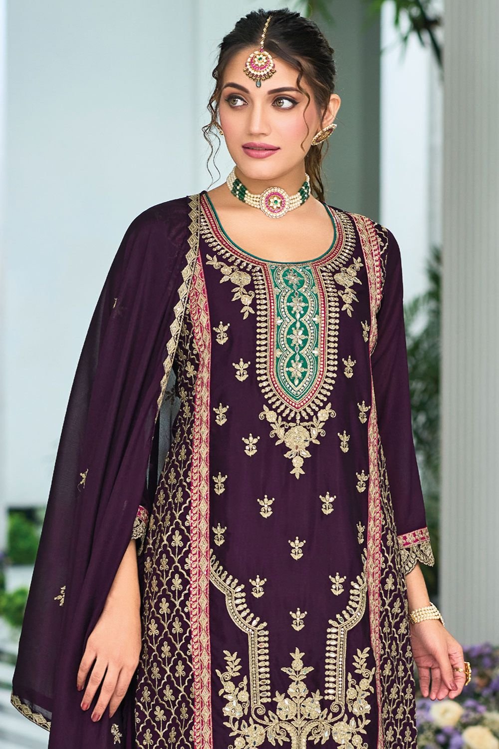 Burgundy Sassy Evening Sangeet Palazzo Kameez In Chinnon SFFK24003R