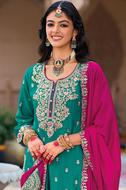 Green Wedding Party Palazzo Kameez In Chinnon SFFK24502R