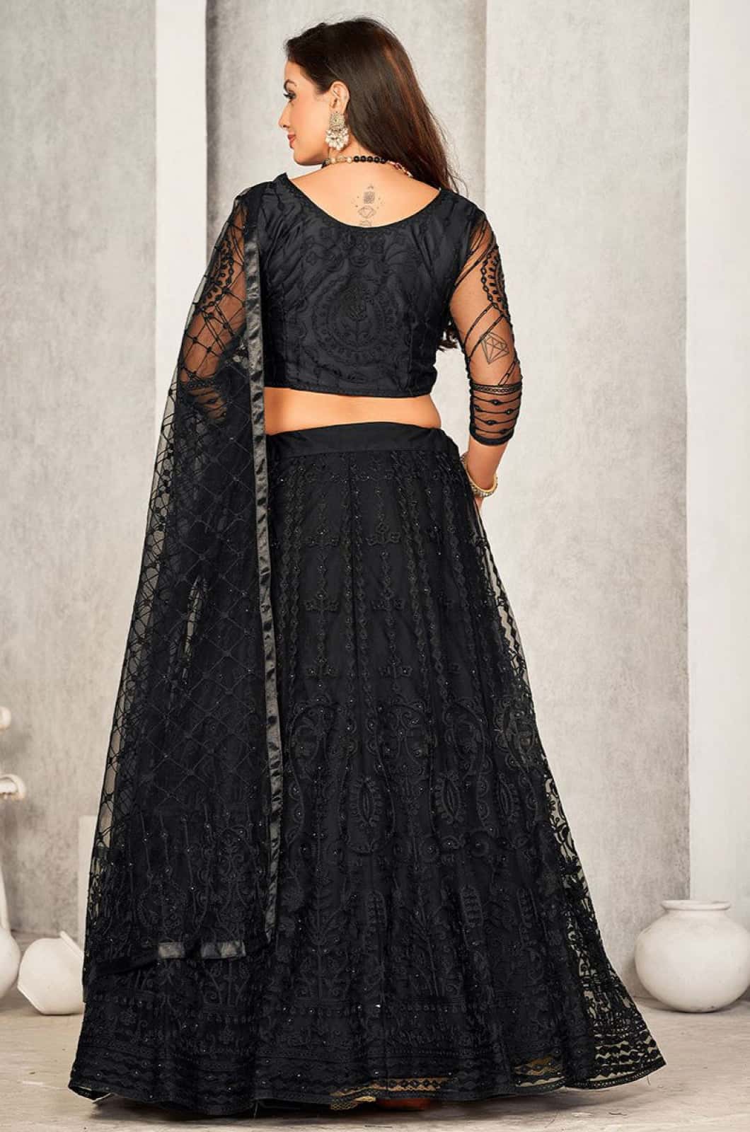 Black Net Lehenga Choli - SFROY474901