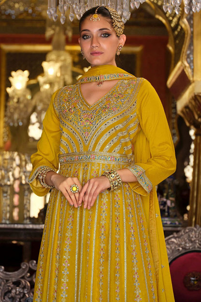Yellow Wedding Sangeet Party Chinnon Salwar Kameez  SFFK32303R