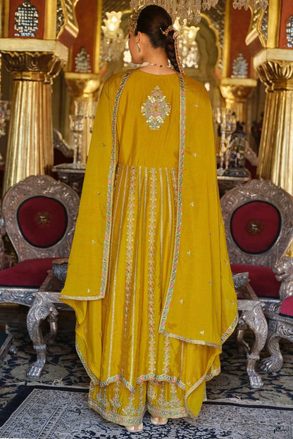 Yellow Wedding Sangeet Party Chinnon Salwar Kameez  SFFK32303R