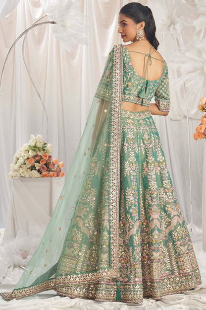 Green Bridal Wedding Lehenga Choli In Tissue Net SFROY522459