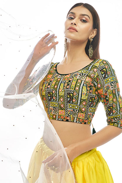 Yellow Satin Georgette Lehenga Choli For Wedding Party SFARY14412