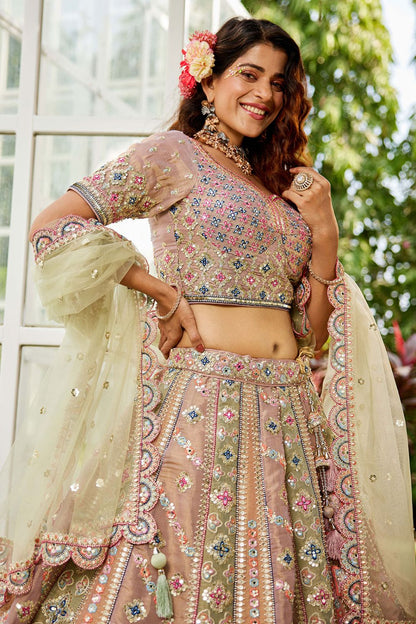 Peach Net Bridal Wedding Designer Lehenga Set SFROY509103