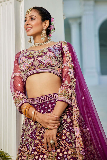 Elevated Burgundy  Net Bridal Wedding Lehenga SFROY509108