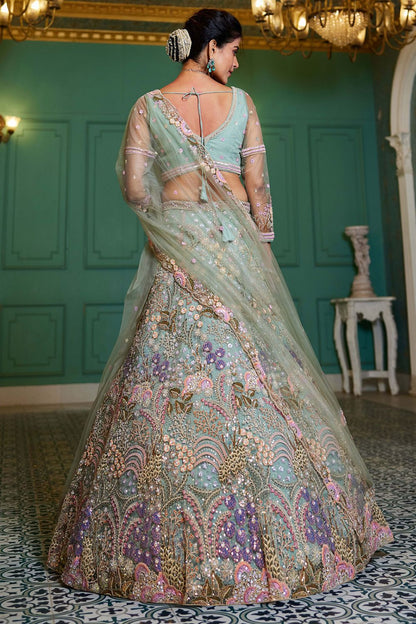 Green Net Bridal Wedding Designer Lehenga Set SFROY509109