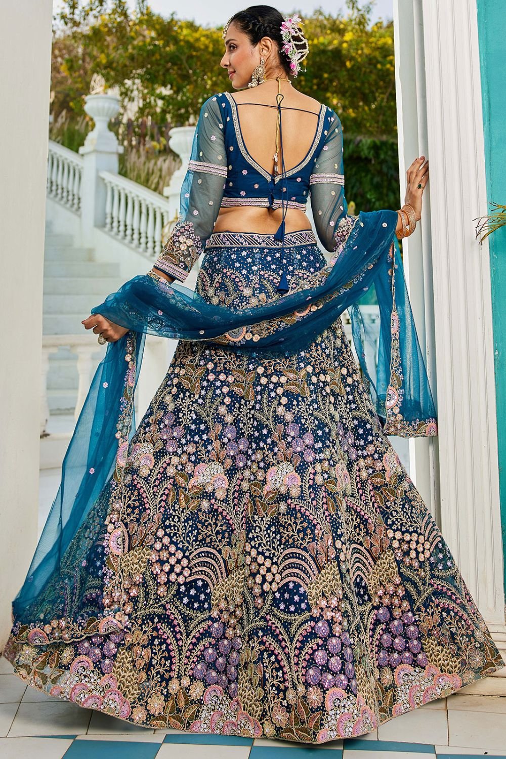 Blue Net Bridal Wedding Designer Lehenga Set SFROY509110