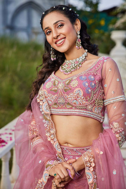 Pink Net Bridal Wedding Designer Lehenga Set SFROY509111
