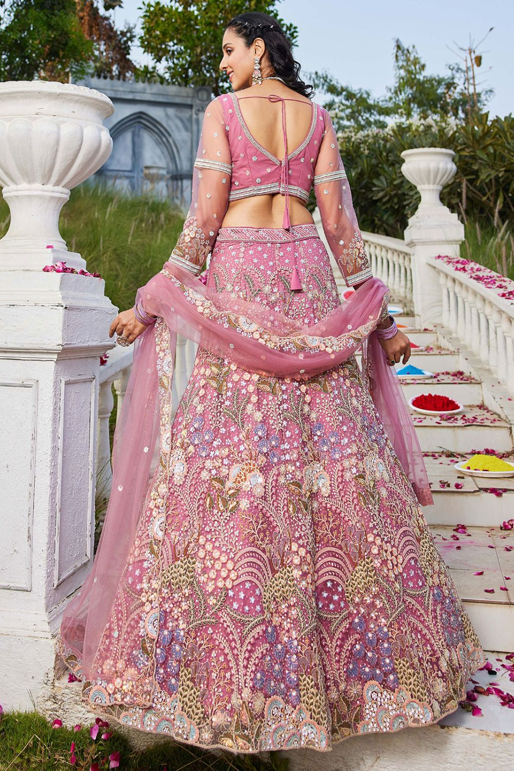 Pink Net Bridal Wedding Designer Lehenga Set SFROY509111