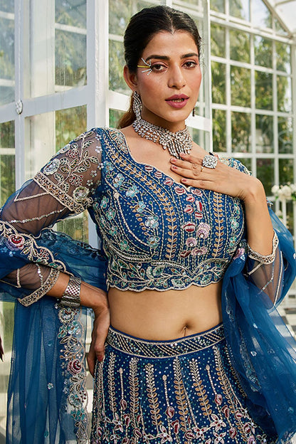 Blue Net Bridal Wedding Designer Lehenga SFROY509117