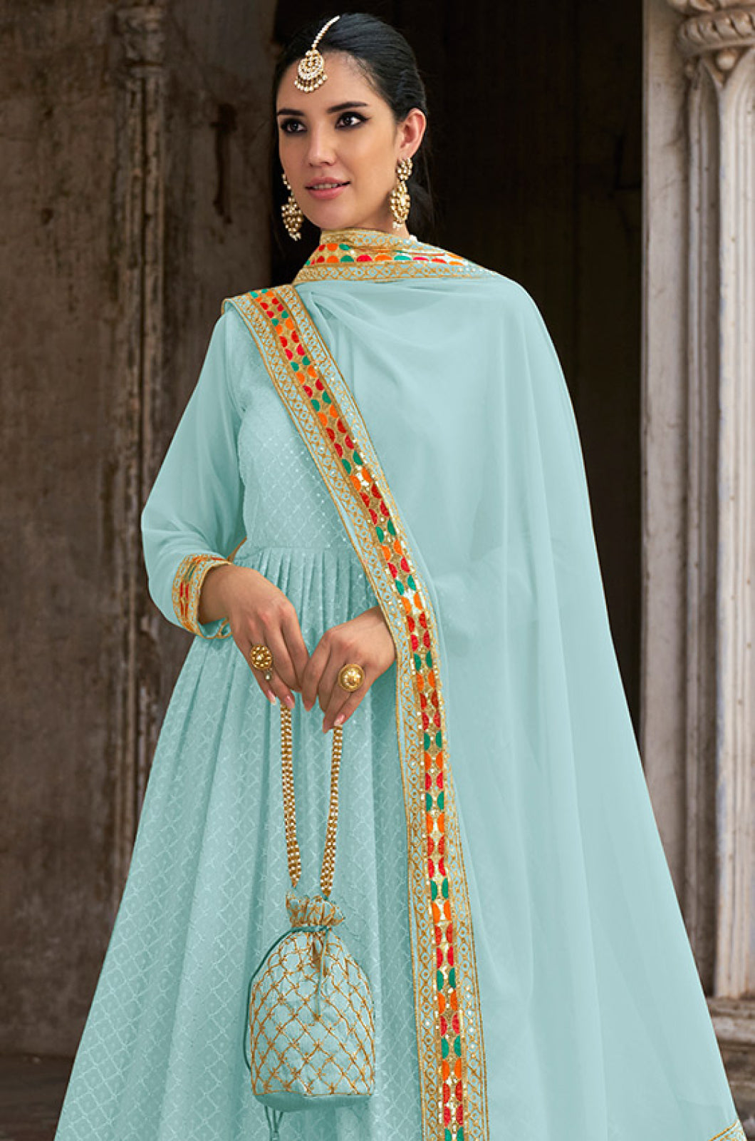 Turquoise Georgette Long Anarkali Gown Embroidered Lace Work SFSA332502B