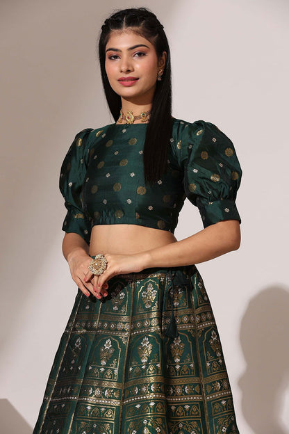 Green Jacquard Navratri Lehenga Choli In Zari Work SFROY537101