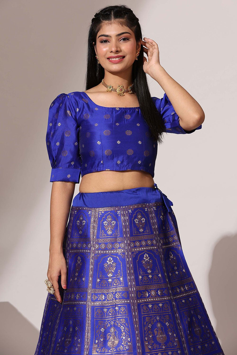 Royal Blue Jacquard Navratri Lehenga Choli In Zari Work SFROY537105