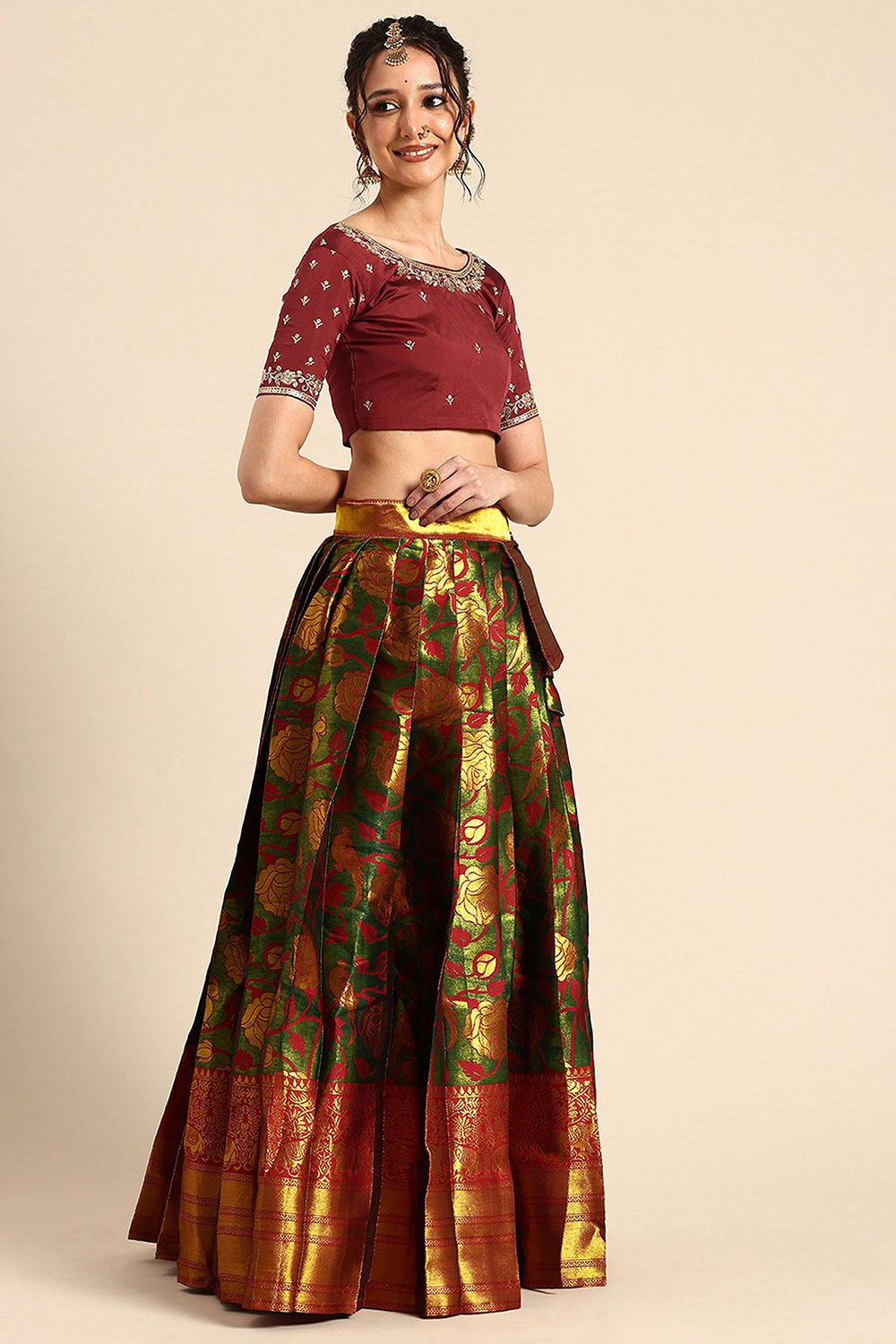 Green Silk Navratri Lehenga Choli Set SFROY537405