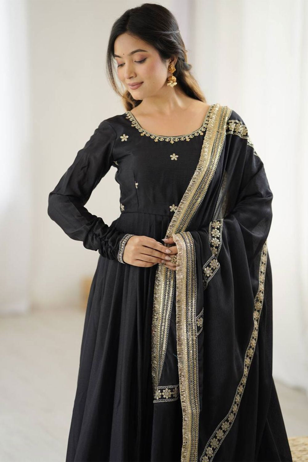 Black Evening Party Silk Anarkali Suit SFROY539201R